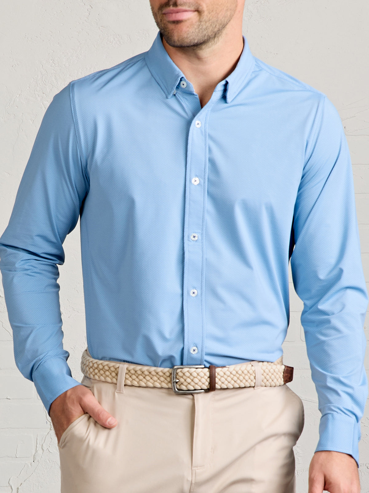 tasc Performance Wayfarer Tailored Fit Knit Button Down - Polar Dash Oxford
