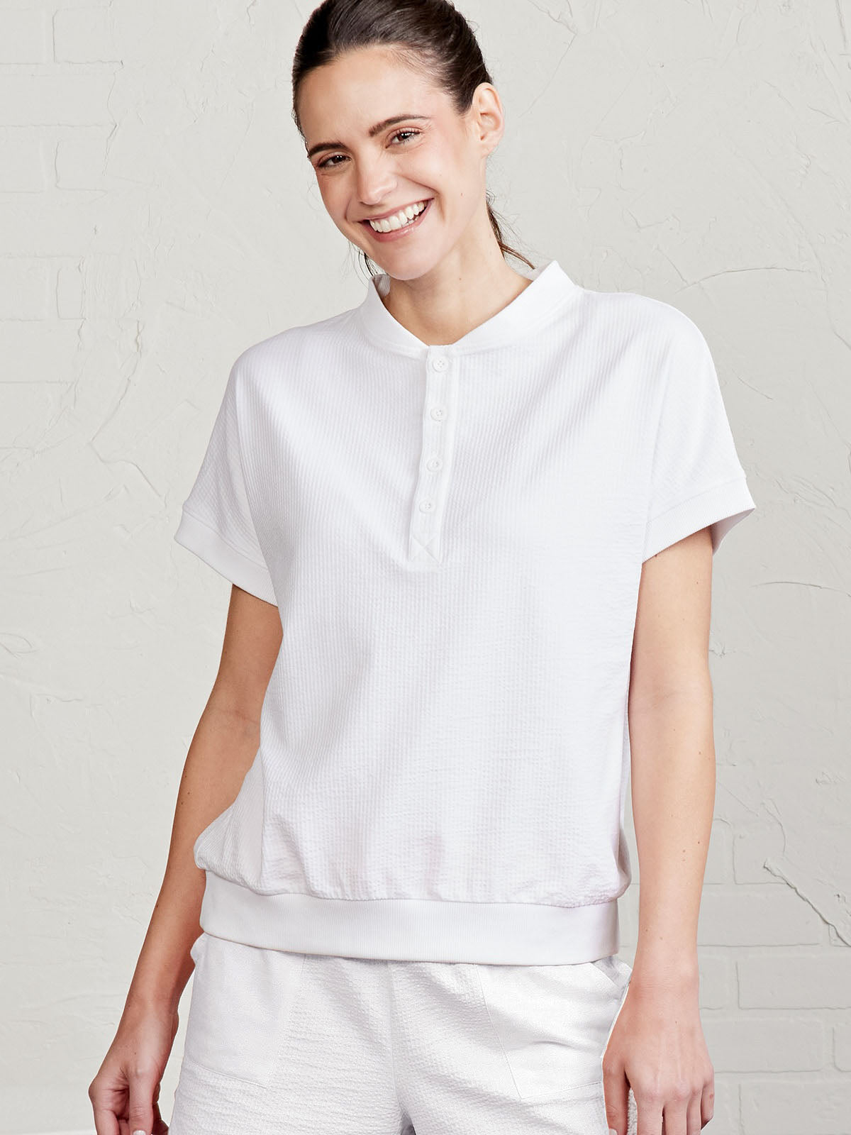 tasc Performance Villa Knit Seersucker Short Sleeve Henley - White