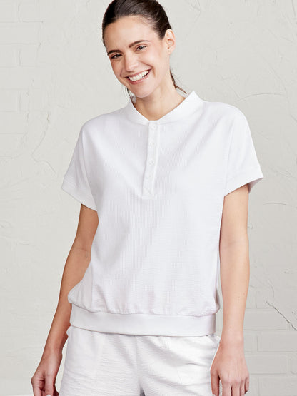 tasc Performance Villa Knit Seersucker Short Sleeve Henley - White