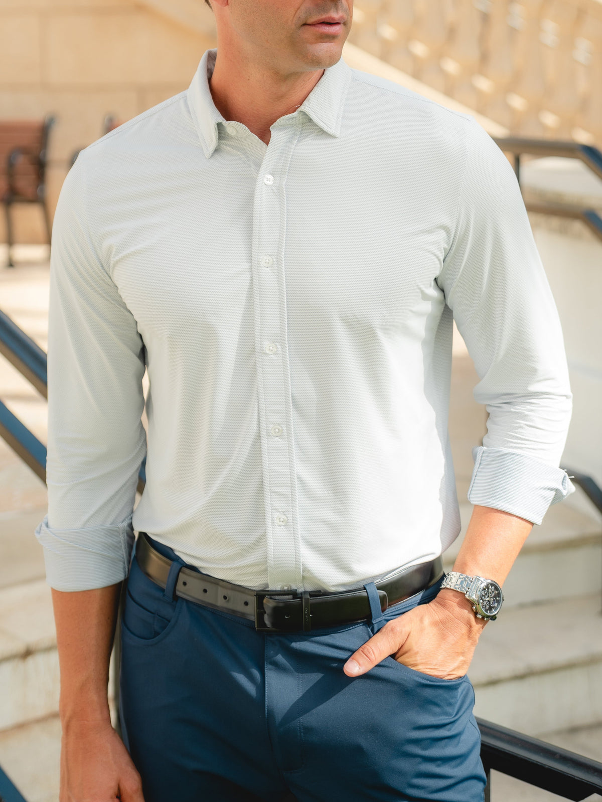 tasc Performance Wayfarer Classic Fit Knit Button Down - French Blue Dash Oxford
