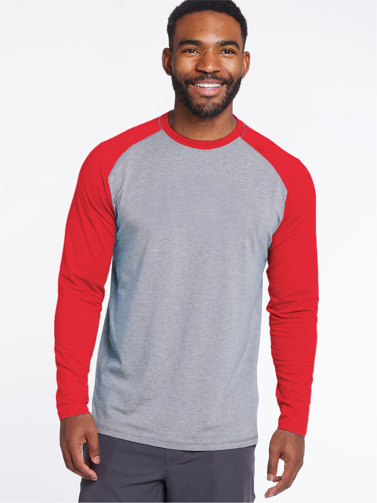 tasc Performance Carrollton Long Sleeve Baseball T-Shirt - Light Heather Gray/Bright Red