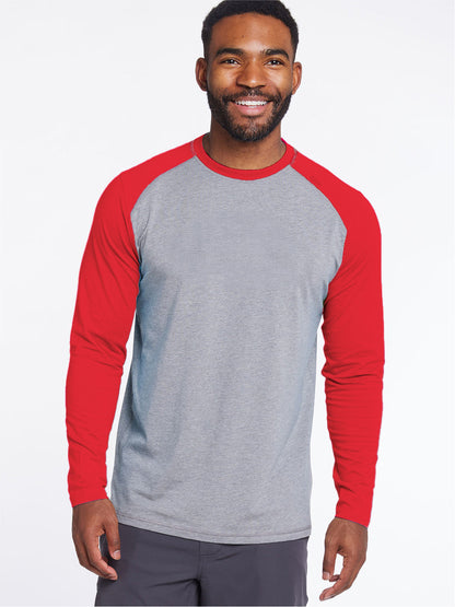 tasc Performance Carrollton Long Sleeve Baseball T-Shirt - Light Heather Gray/Bright Red