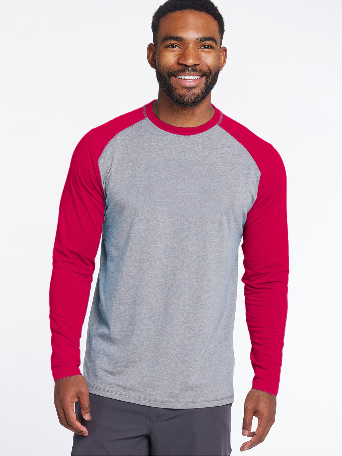 tasc Performance Carrollton Long Sleeve Baseball T-Shirt - Light Heather Gray/Crimson